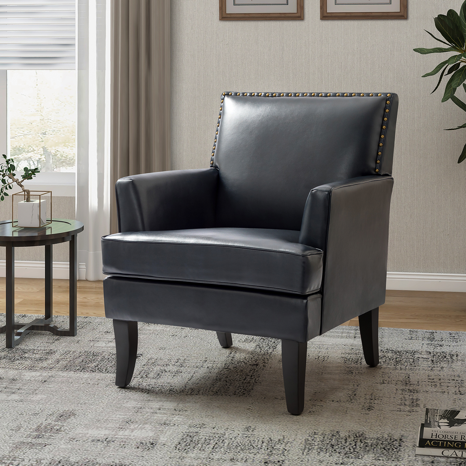Celadon Navy Vegan Leather Nailhead Trim Accent Armchair 1 Celadon Navy Vegan Leather Nailhead Trim Accent Armchair