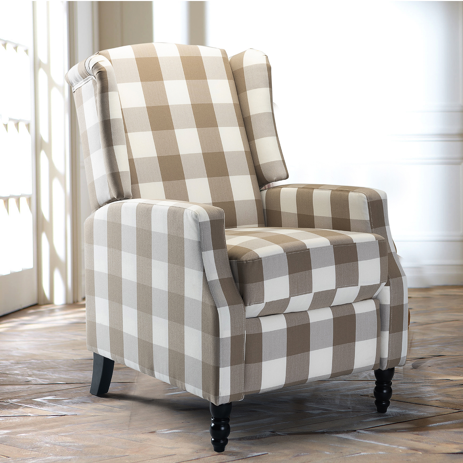 Celia Beige Buffalo Check Wingback Push Back Recliner 1 Celia Beige Buffalo Check Wingback Push Back Recliner