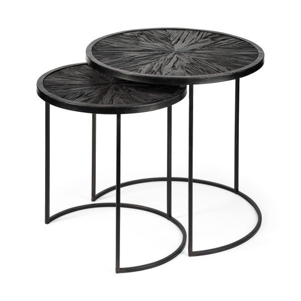 Chakra 19.7 Set of Two Round Dark Wood Top Black Frame Accent Tables
