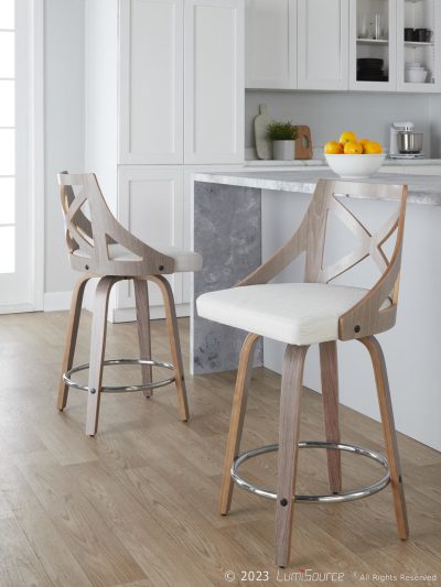 Charlotte 24 Farmhouse Light Grey Swivel Counter Stools w/ Chrome Metal Footrest (Set of 2)