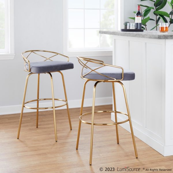 Charlotte 30 Glam Gold Grey Velvet Swivel Barstools Set of 2 1