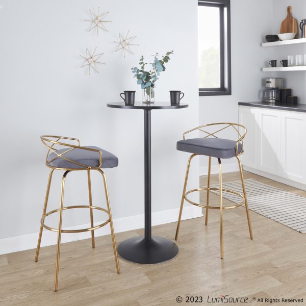 Charlotte 30 Glam Gold Grey Velvet Swivel Barstools Set of 2 2