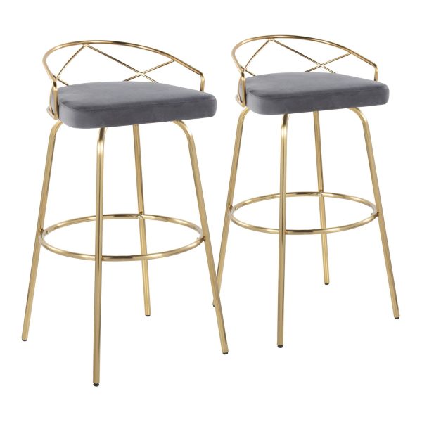 Charlotte 30 Glam Gold Grey Velvet Swivel Barstools Set of 2 3