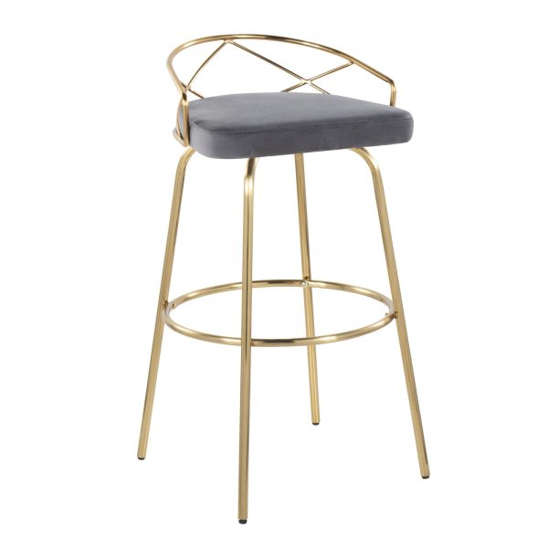 Charlotte 30 Glam Gold Grey Velvet Swivel Barstools Set of 2 4