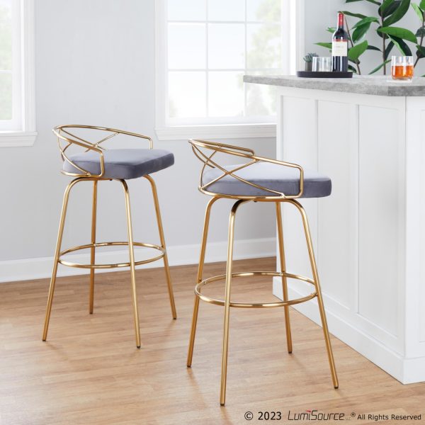 Charlotte 30 Glam Gold Grey Velvet Swivel Barstools Set of 2