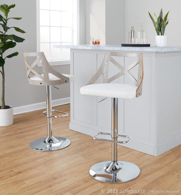Charlotte Farmhouse Adjustable Swivel Barstool Cream Fabric Set of 2 1