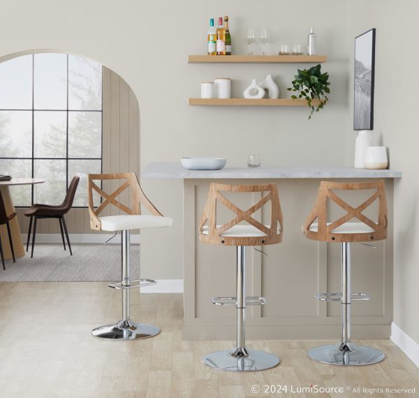 Charlotte Farmhouse White Faux Leather Adjustable Barstools Set of 2 1