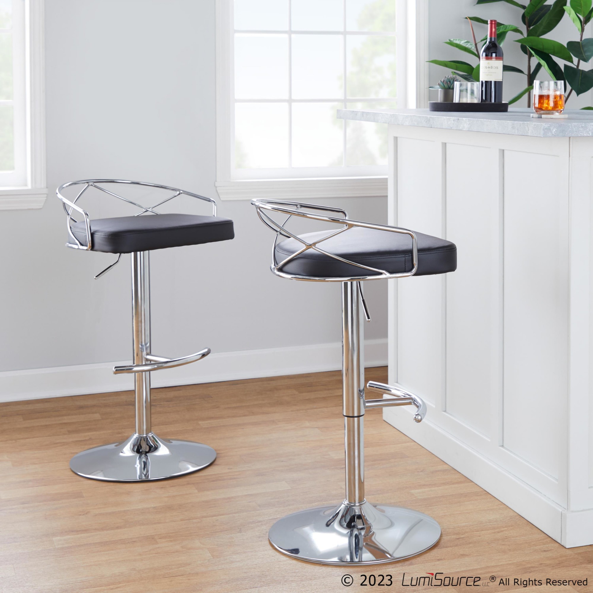 Charlotte Glam Chrome Black Swivel Adjustable Barstools (Set of 2) 2 Charlotte Glam Chrome Black Swivel Adjustable Barstools (Set of 2) - Image 2