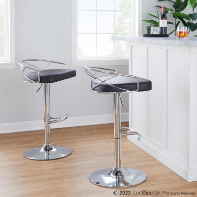 Charlotte Glam Chrome Black Swivel Adjustable Barstools (Set of 2)