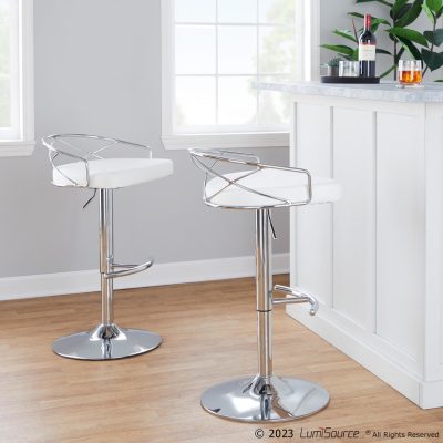 Charlotte Glam Chrome White Faux Leather Adjustable Swivel Barstools (Set of 2)