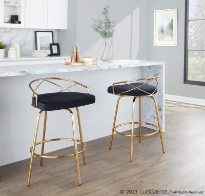 Charlotte Glam Gold and Black Velvet Counter Stools (Set of 2)