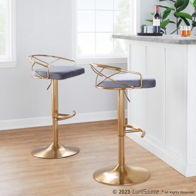 Charlotte Glam Gold and Grey Velvet Swivel Barstools (Set of 2)
