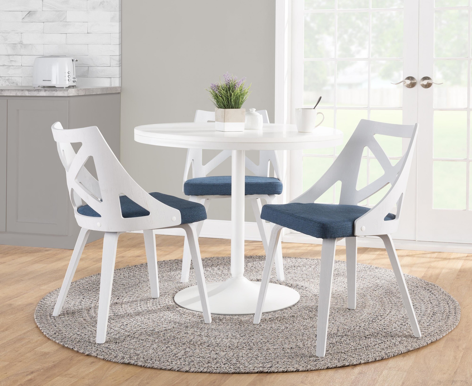 Charlotte White Wood Blue Fabric Farmhouse Chairs (Set of 2) 2 Charlotte White Wood Blue Fabric Farmhouse Chairs (Set of 2) - Image 2