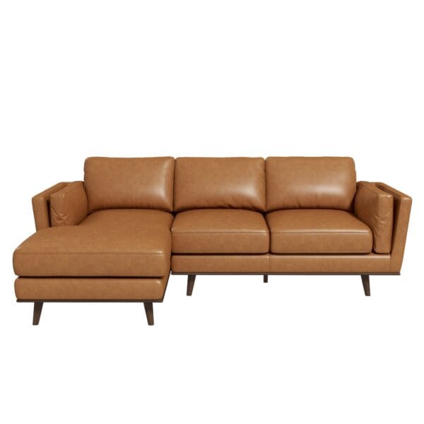 Tan Leather Left-Facing Sectional Sofa with Mid-Century Design