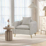 Beige Chenille Velvet Accent Chair with Storage Pockets and Pillow