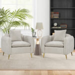 Beige Chenille Velvet Accent Chair with Storage Pockets and Pillow