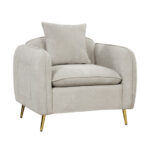 Beige Chenille Velvet Accent Chair with Storage Pockets and Pillow