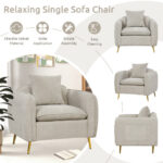 Beige Chenille Velvet Accent Chair with Storage Pockets and Pillow