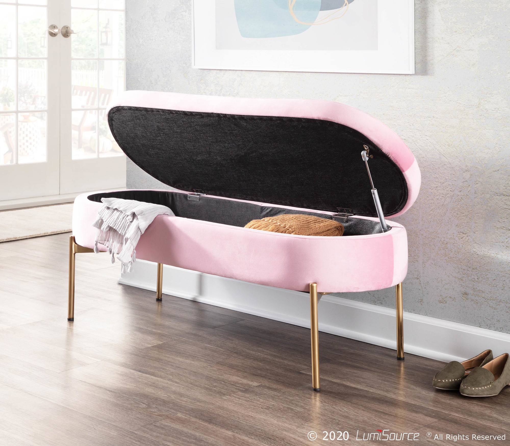 Chloe Blush Velvet Gold Metal Contemporary Storage Bench 3 Chloe Blush Velvet Gold Metal Contemporary Storage Bench - Image 3