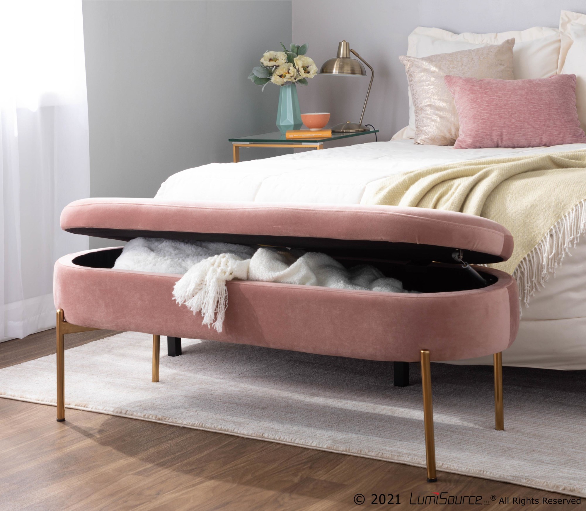 Chloe Glam Blush Velvet Gold Metal Storage Bench 2 Chloe Glam Blush Velvet Gold Metal Storage Bench - Image 2