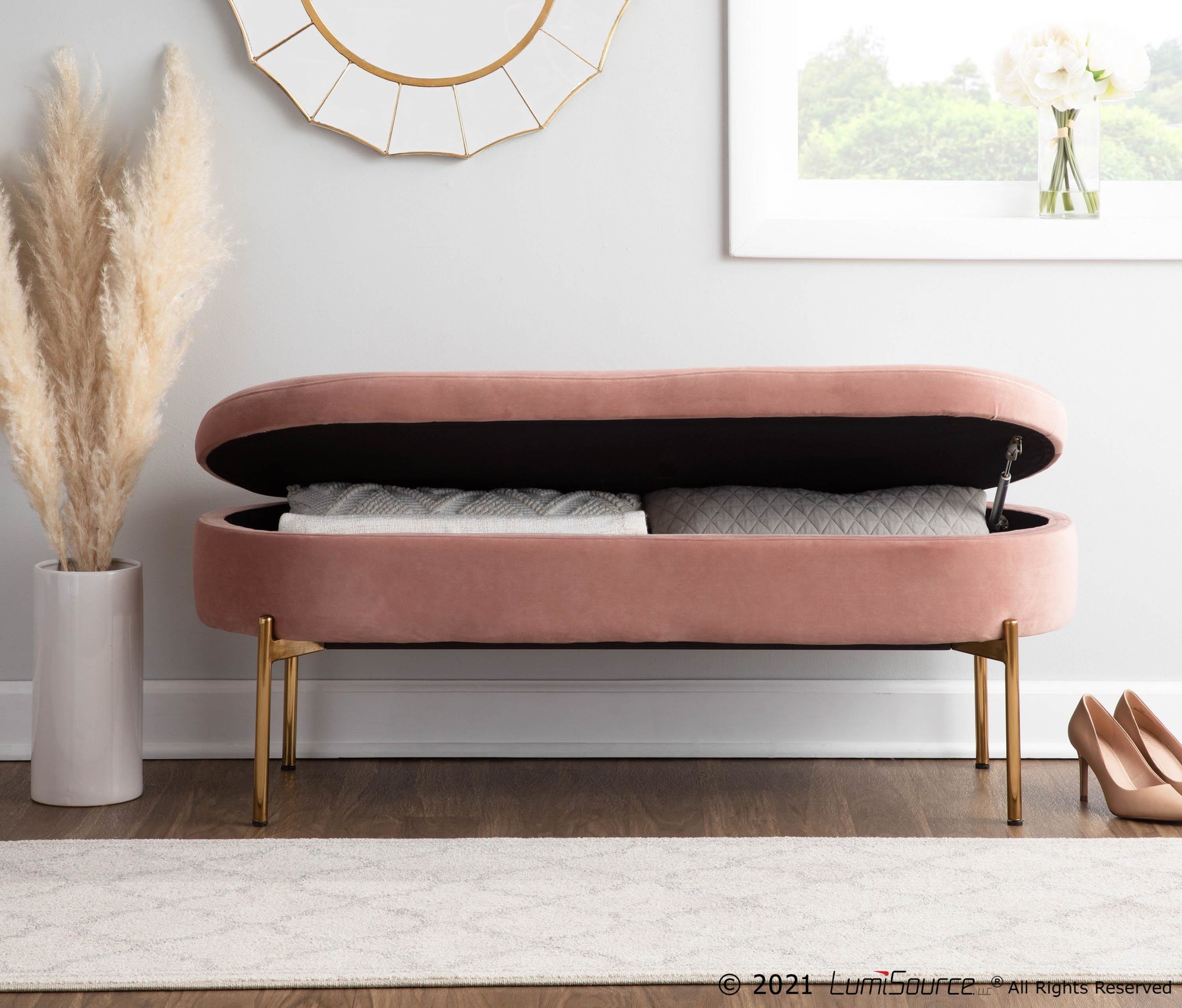 Chloe Glam Blush Velvet Gold Metal Storage Bench 4 Chloe Glam Blush Velvet Gold Metal Storage Bench - Image 4