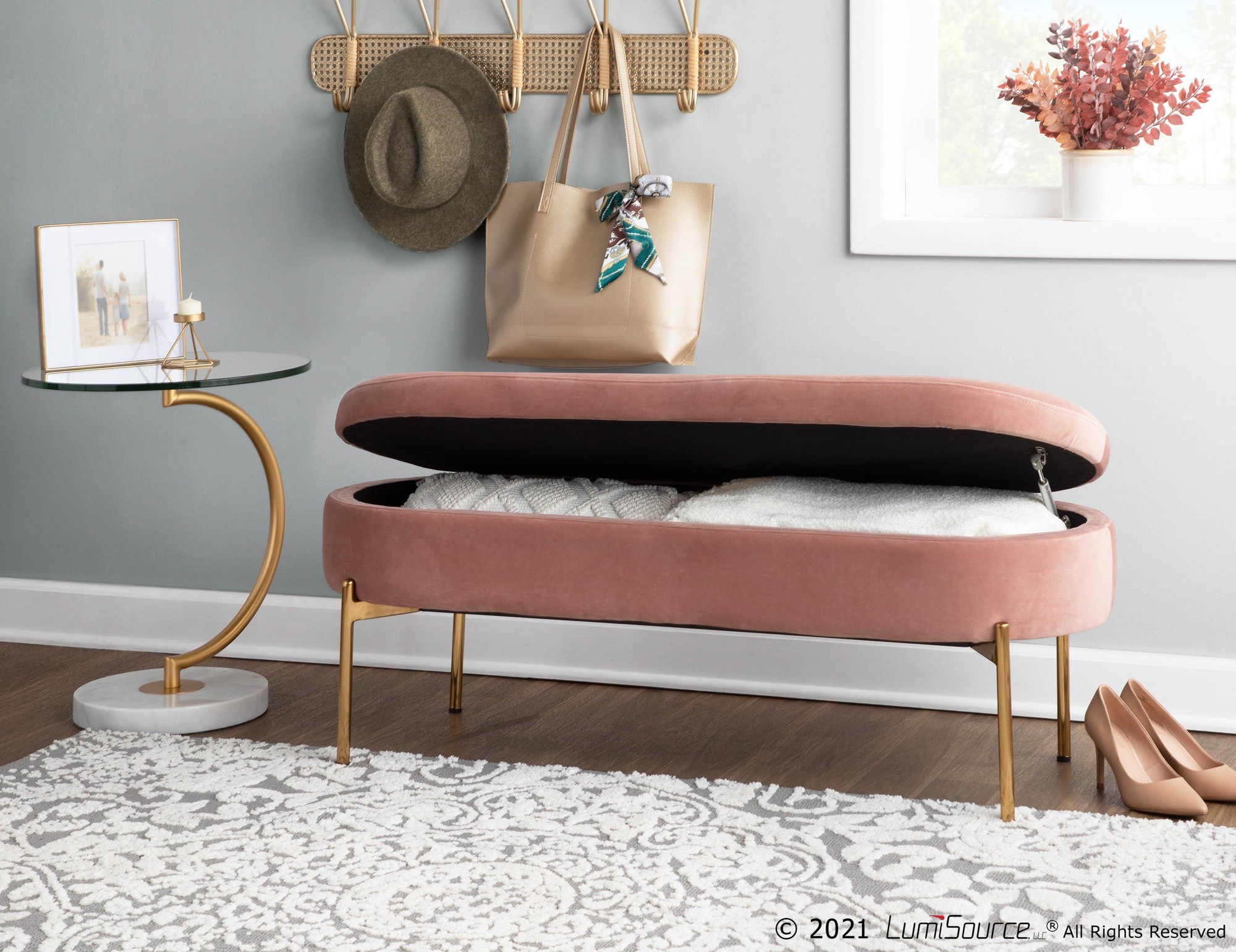 Chloe Glam Blush Velvet Gold Metal Storage Bench 6 Chloe Glam Blush Velvet Gold Metal Storage Bench - Image 6
