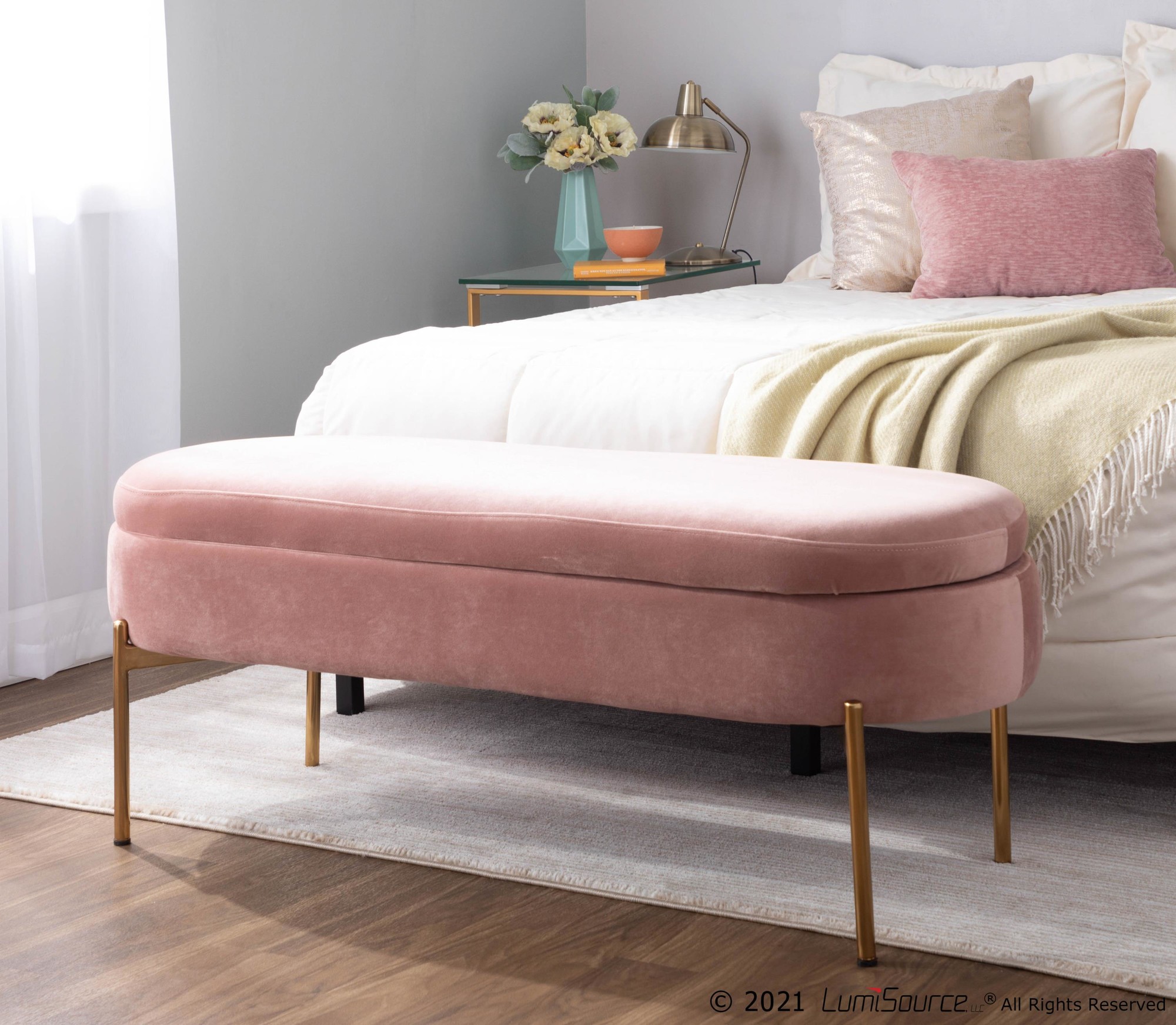 Chloe Glam Blush Velvet Gold Metal Storage Bench 1 Chloe Glam Blush Velvet Gold Metal Storage Bench