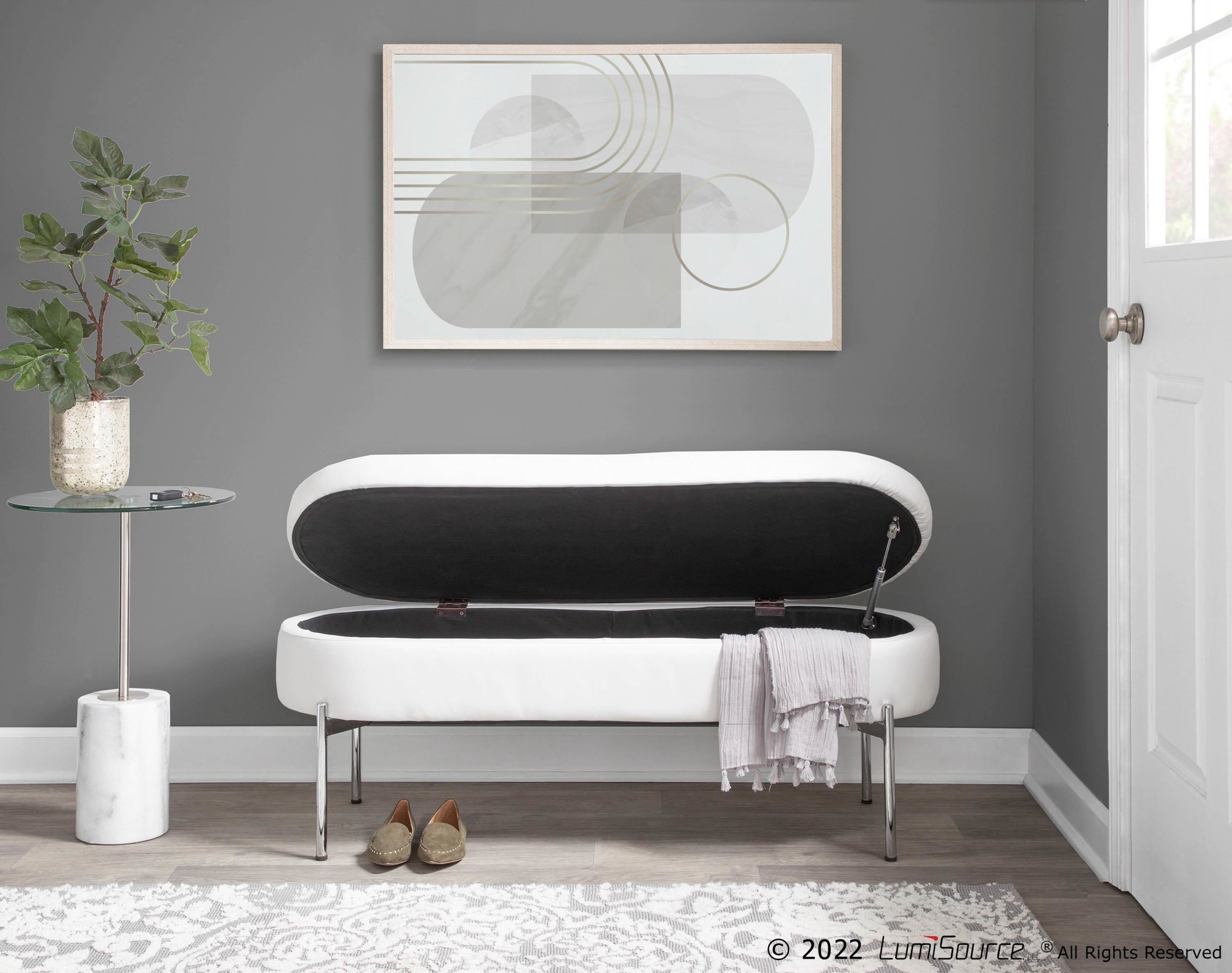 Chloe Glam White Faux Leather Chrome Contemporary Storage Bench 2 Chloe Glam White Faux Leather Chrome Contemporary Storage Bench - Image 2