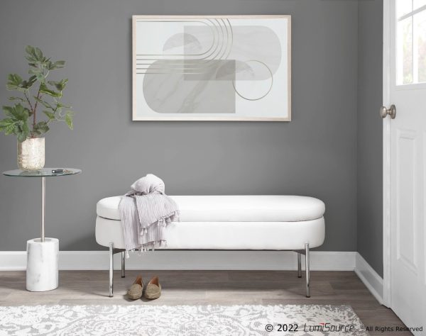 Chloe Glam White Faux Leather Chrome Contemporary Storage Bench