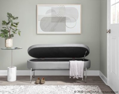 Chloe Grey Faux Leather Chrome Contemporary Storage Bench
