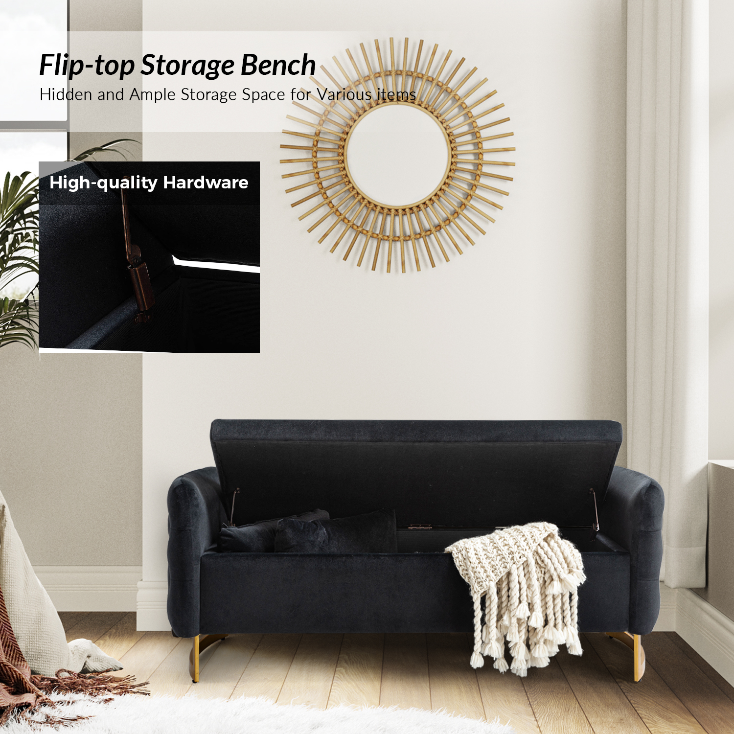 Christoph Black Upholstered Button-Tufted Flip Top Storage Bench 4 Christoph Black Upholstered Button-Tufted Flip Top Storage Bench - Image 4