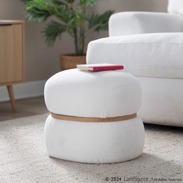 Cinch 17 Inch Cream Boucle Contemporary Pouf Ottoman Natural Wood 3