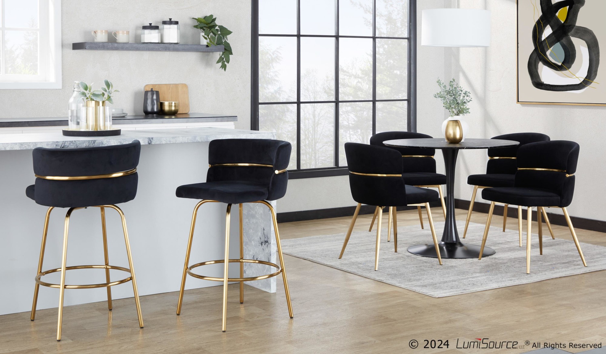 Cinch 26 Gold Black Velvet Swivel Counter Stools (Set of 2) 3 Cinch 26 Gold Black Velvet Swivel Counter Stools (Set of 2) - Image 3