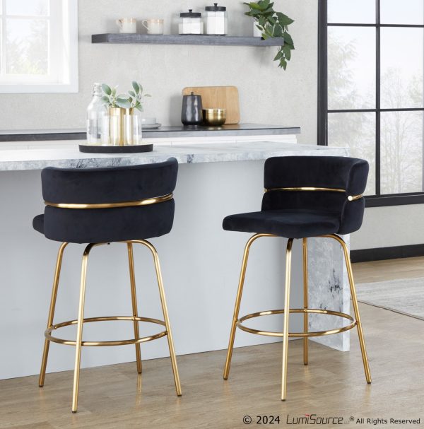 Cinch 26 Gold Black Velvet Swivel Counter Stools Set of 2 5