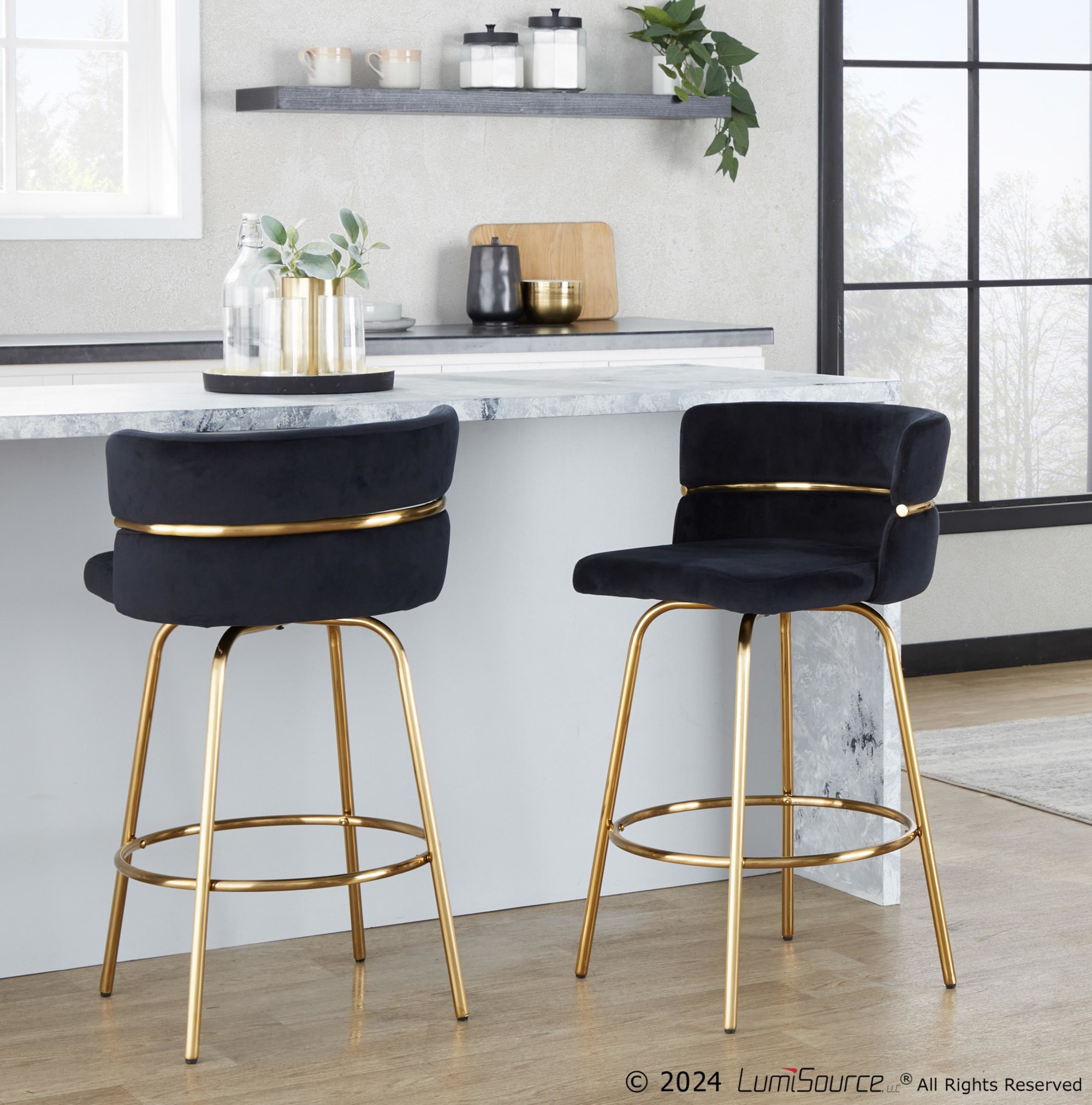 Cinch 26 Gold Black Velvet Swivel Counter Stools (Set of 2) 6 Cinch 26 Gold Black Velvet Swivel Counter Stools (Set of 2) - Image 6