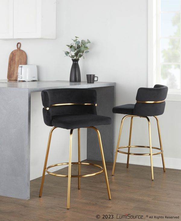 Cinch 26 Gold Black Velvet Swivel Counter Stools Set of 2