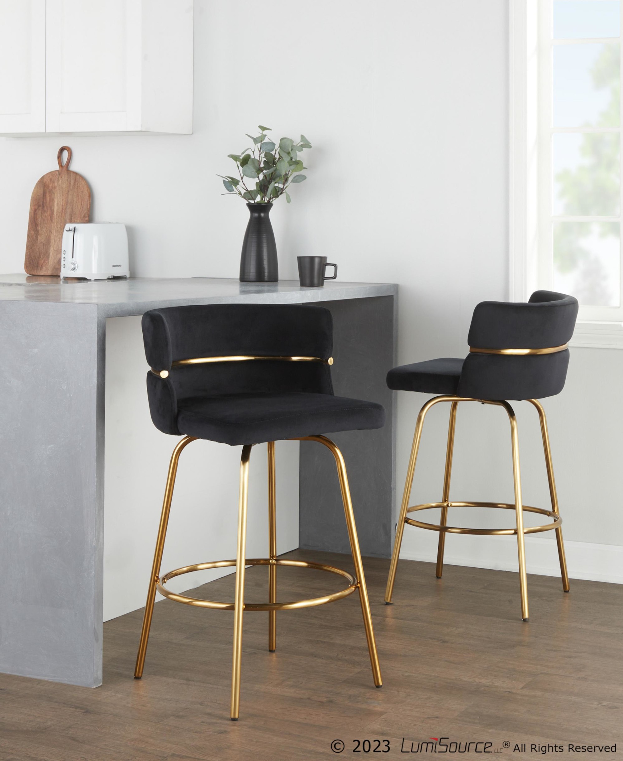 Cinch 26 Gold Black Velvet Swivel Counter Stools (Set of 2) 1 Cinch 26 Gold Black Velvet Swivel Counter Stools (Set of 2)