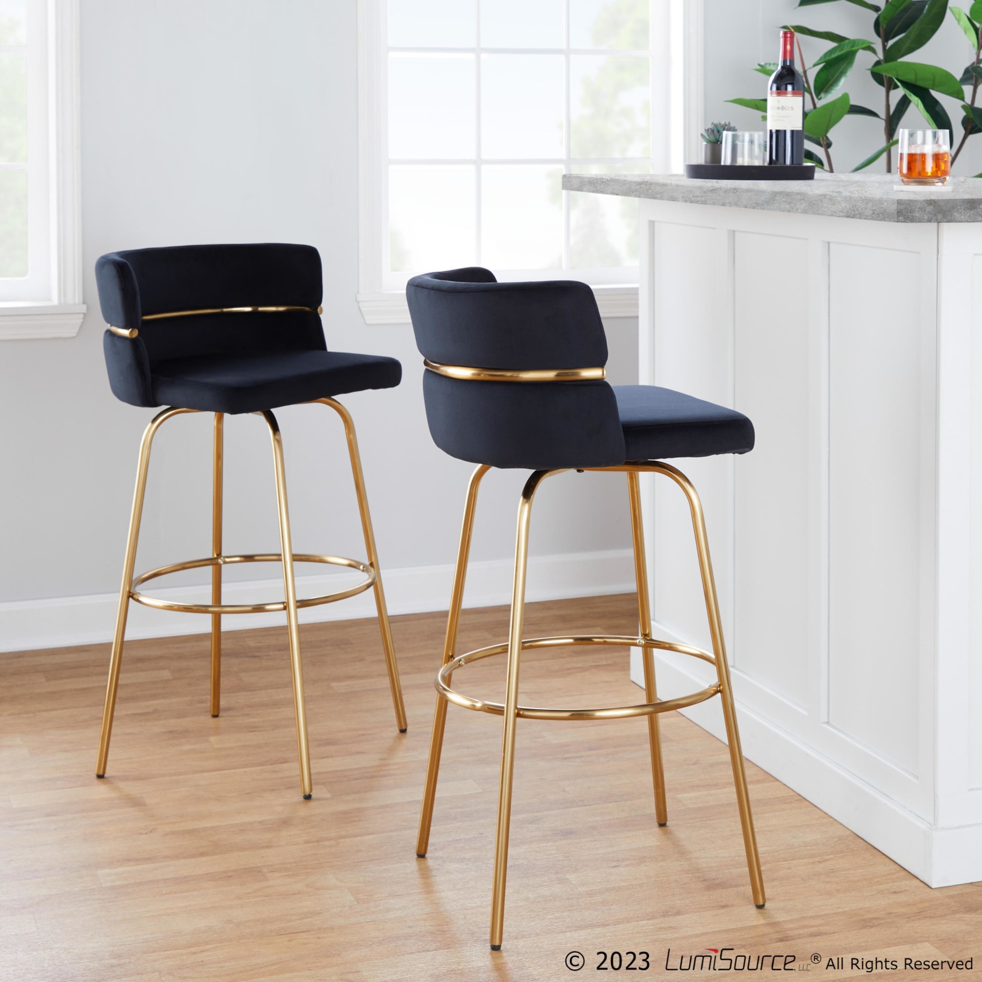 Cinch 30 Gold Black Velvet Glam Swivel Barstools (Set of 2) 2 Cinch 30 Gold Black Velvet Glam Swivel Barstools (Set of 2) - Image 2