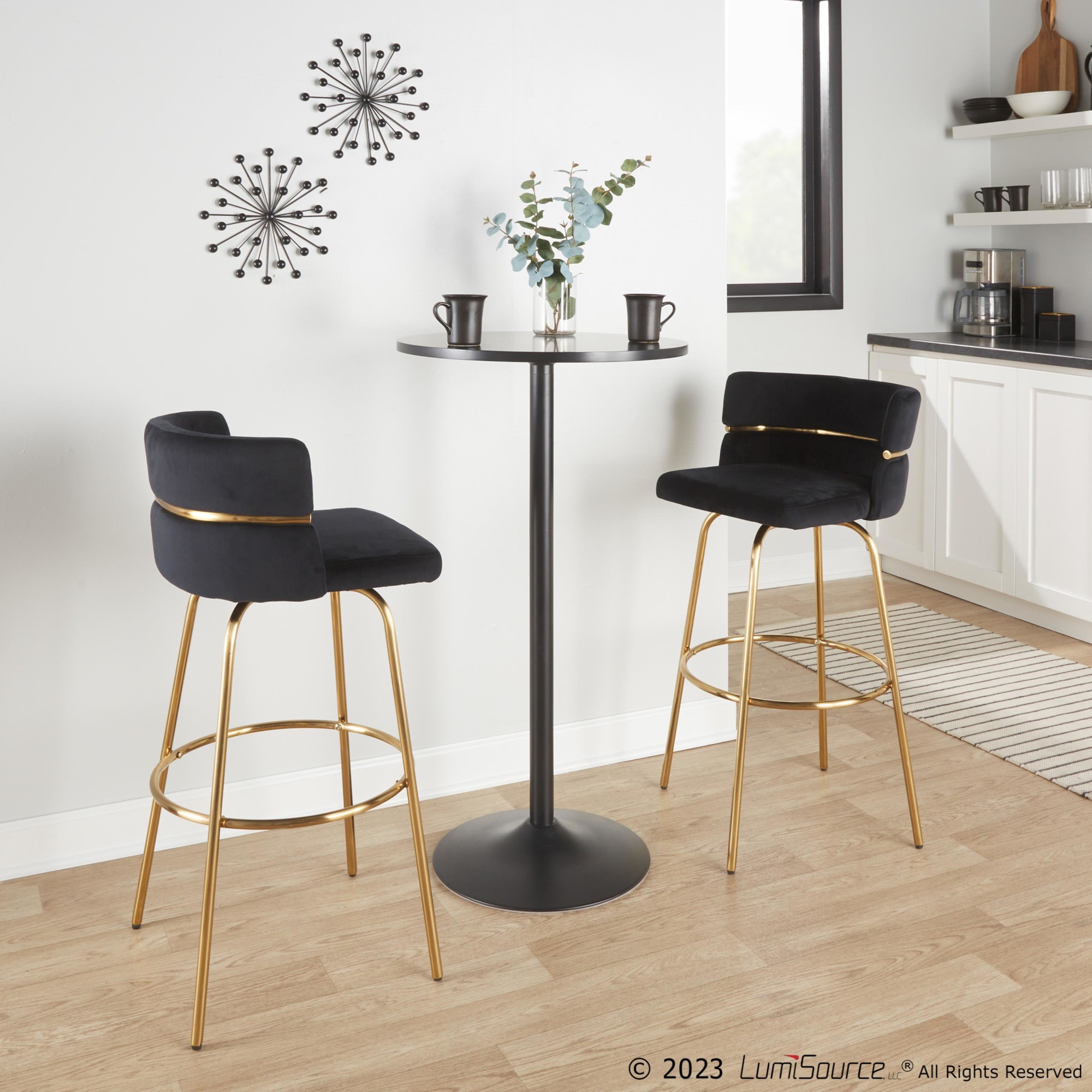 Cinch 30 Gold Black Velvet Glam Swivel Barstools (Set of 2) 3 Cinch 30 Gold Black Velvet Glam Swivel Barstools (Set of 2) - Image 3