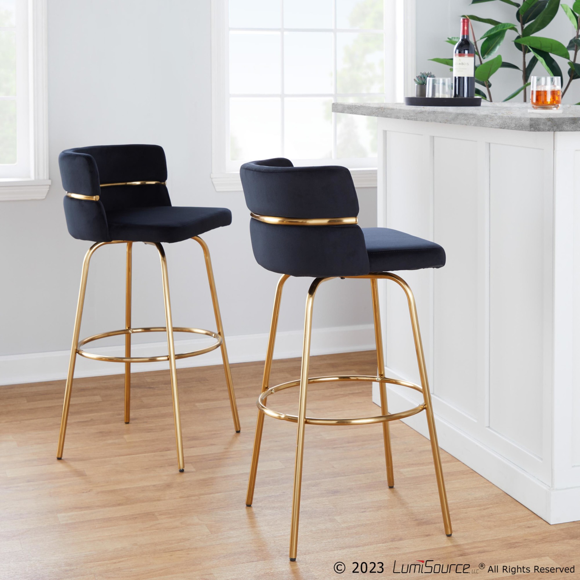 Cinch 30 Gold Black Velvet Glam Swivel Barstools (Set of 2) 1 Cinch 30 Gold Black Velvet Glam Swivel Barstools (Set of 2)