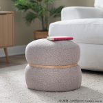 Cinch Beige Bouclé Contemporary Pouf Ottoman Natural Wood Accent