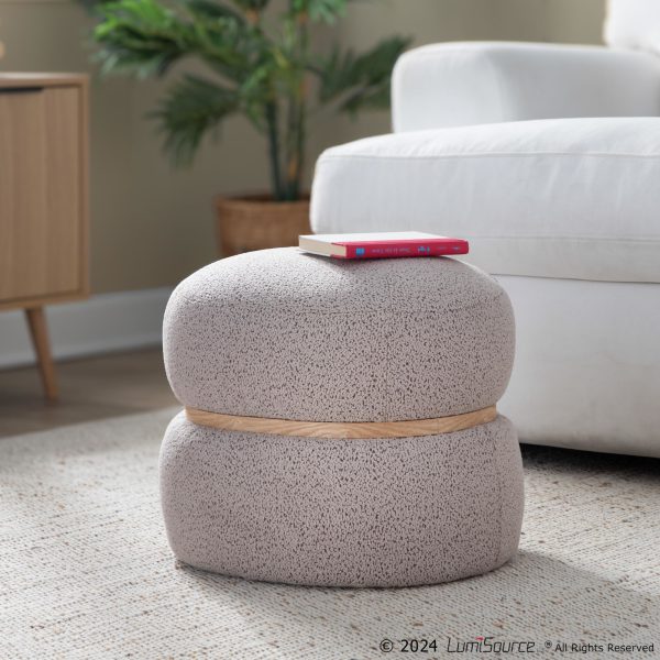 Cinch Beige Boucle Contemporary Pouf Ottoman Natural Wood Accent 1
