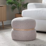 Cinch Beige Bouclé Contemporary Pouf Ottoman Natural Wood Accent