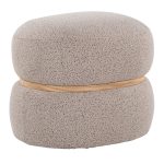 Cinch Beige Bouclé Contemporary Pouf Ottoman Natural Wood Accent