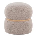 Cinch Beige Bouclé Contemporary Pouf Ottoman Natural Wood Accent