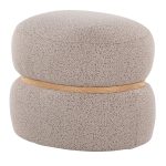 Cinch Beige Bouclé Contemporary Pouf Ottoman Natural Wood Accent