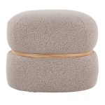 Cinch Beige Bouclé Contemporary Pouf Ottoman Natural Wood Accent