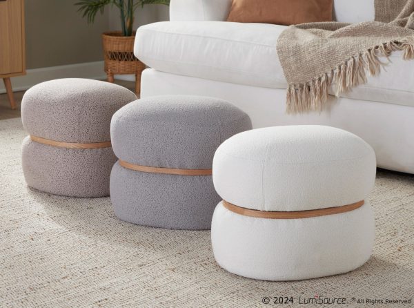 Cinch Beige Boucle Contemporary Pouf Ottoman Natural Wood Accent