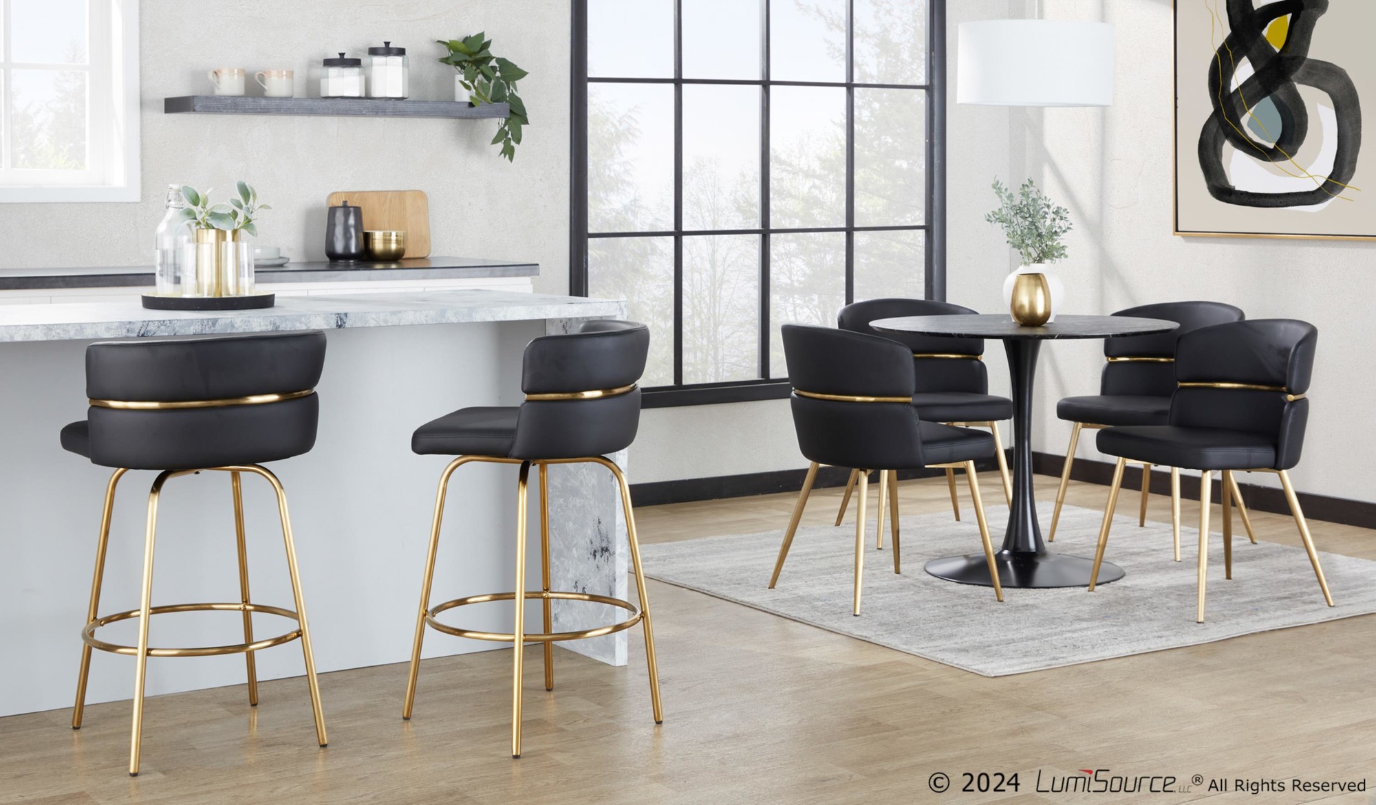 Cinch Black Faux Leather Gold Metal Glam Dining Chairs (Set of 2) 1 Cinch Black Faux Leather Gold Metal Glam Dining Chairs (Set of 2)