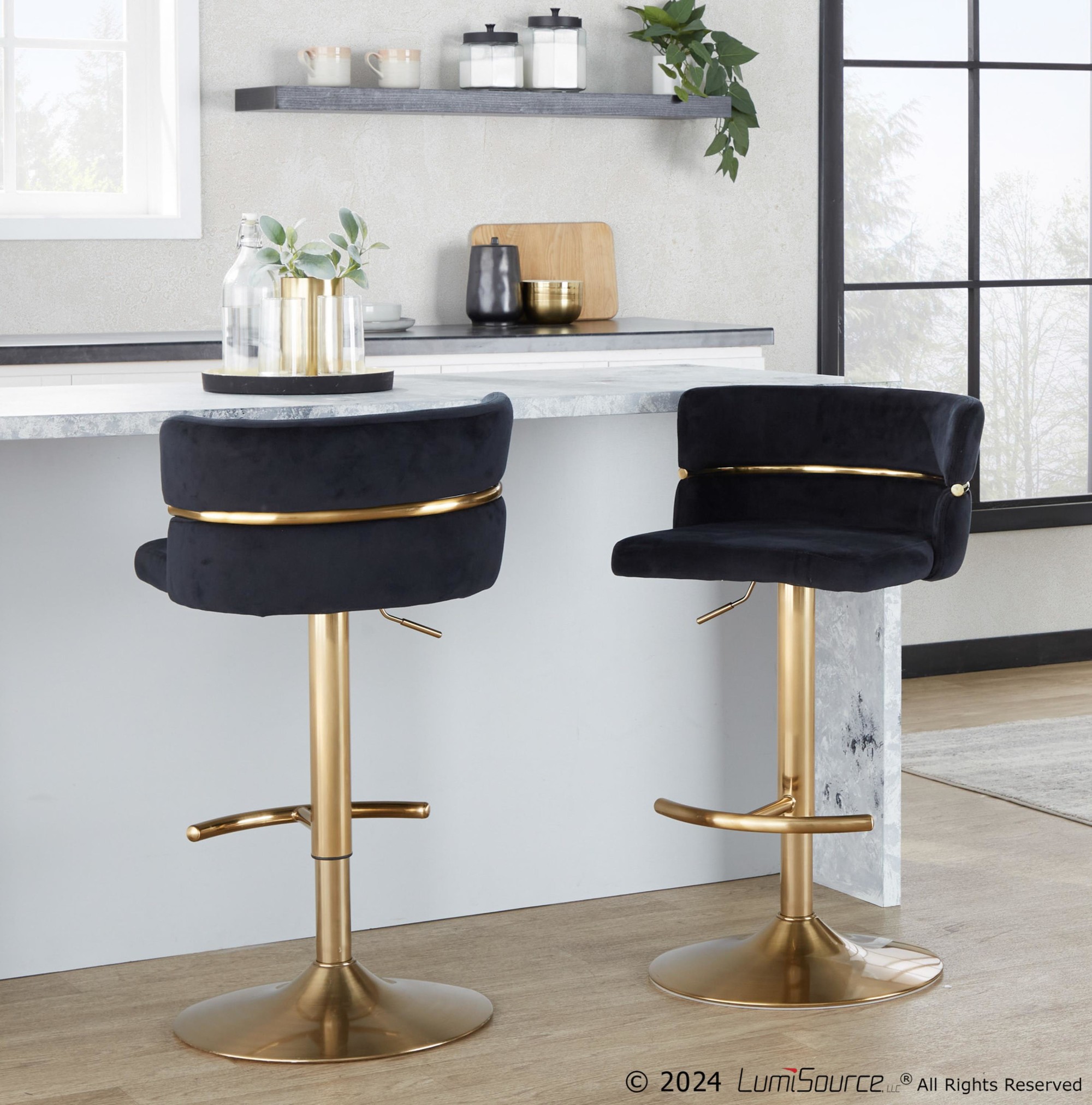 Cinch Gold and Black Velvet Adjustable Barstools (Set of 2) 2 Cinch Gold and Black Velvet Adjustable Barstools (Set of 2) - Image 2
